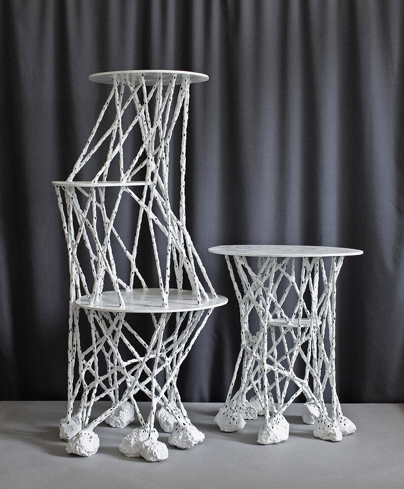 dotted twining geometries by taeg nishimoto form clay-covered furniture