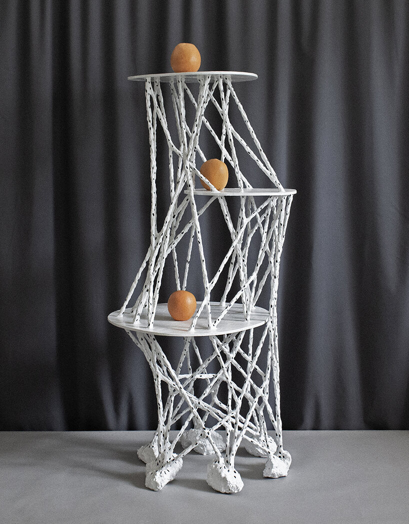 dotted twining geometries by taeg nishimoto form clay-covered furniture