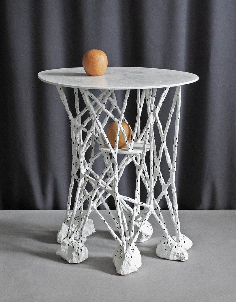 dotted twining geometries by taeg nishimoto form clay-covered furniture