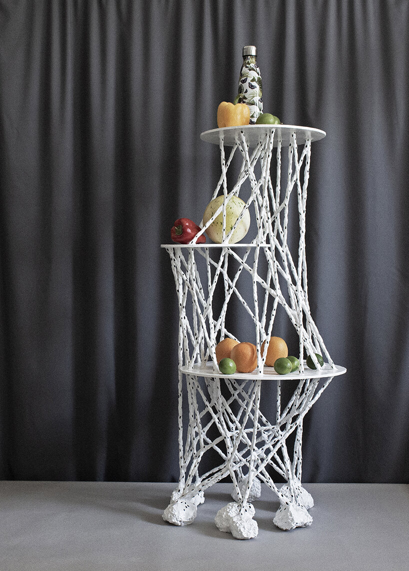 dotted twining geometries by taeg nishimoto form clay-covered furniture