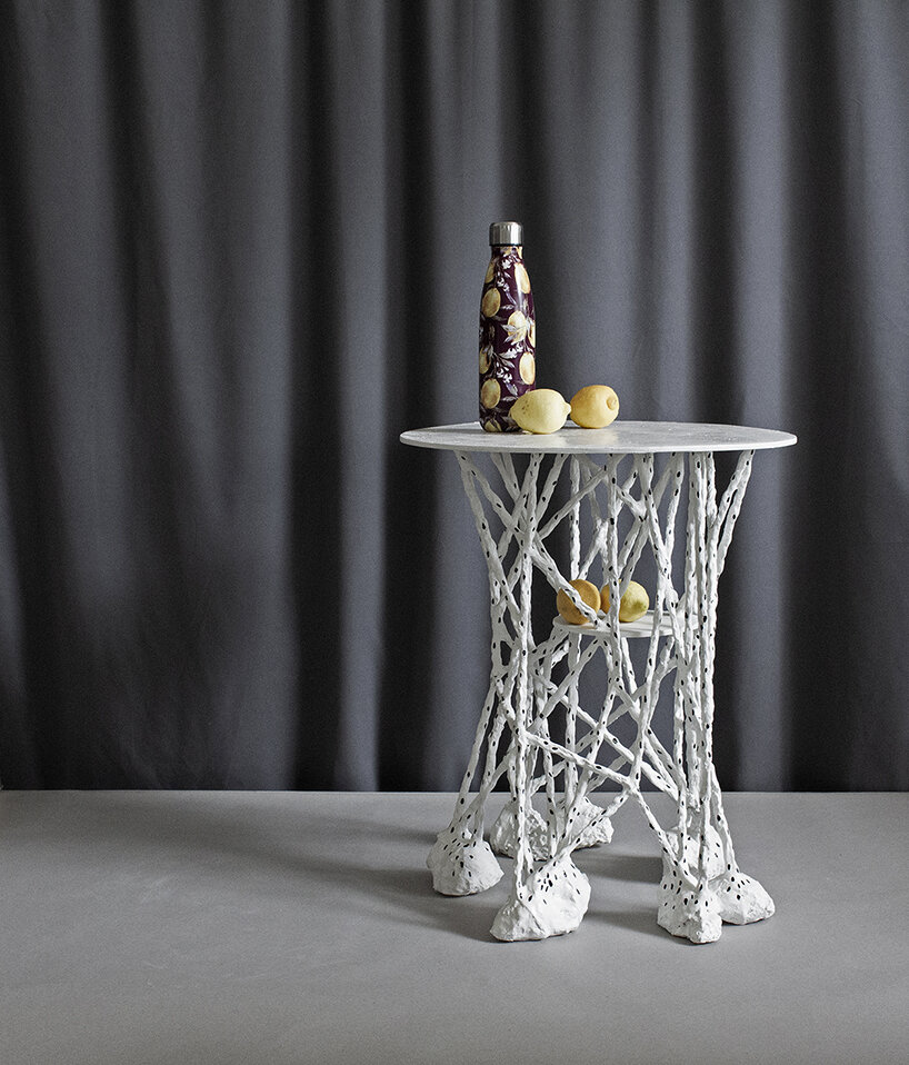 dotted twining geometries by taeg nishimoto form clay-covered furniture