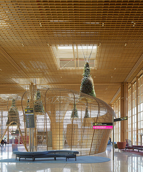 enter projects weaves fluid rattan interiors of SOM-designed kempegowda airport