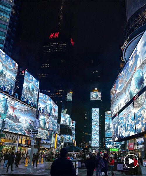 marco brambilla's vision of a future world fair takes over the screens in times square