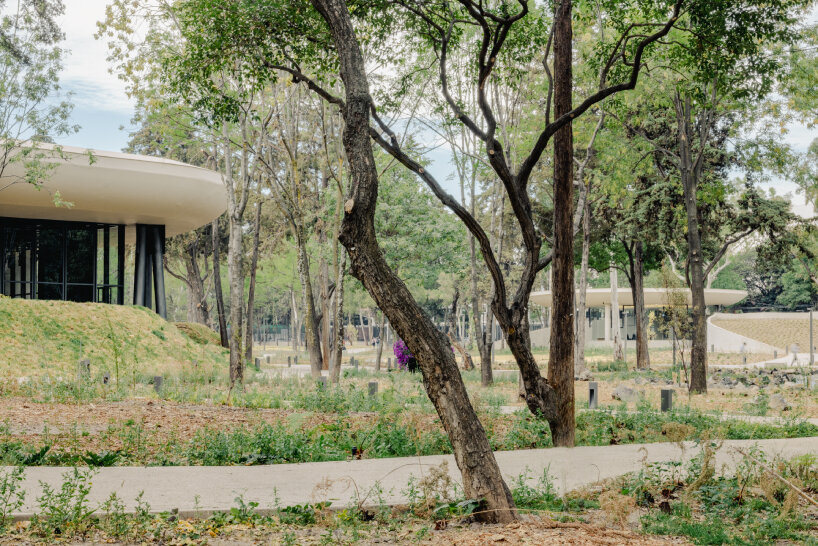 Jardines, colinas bajas y lagos se entrelazan a través de los pabellones de la arquitectura Michonne en el Parque México.