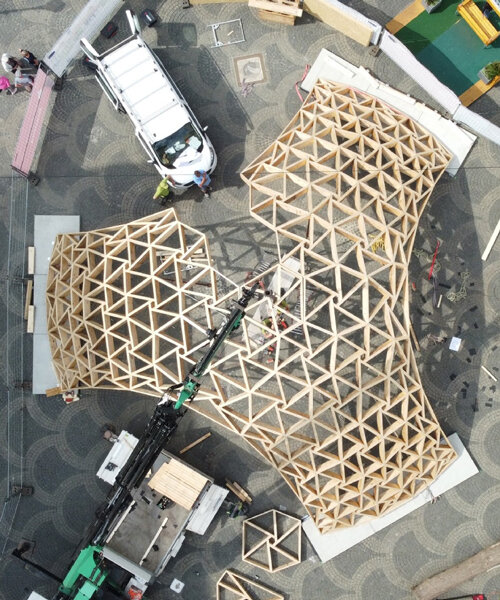 timber gridshell assembles free-form shapes combining trivalent and reciprocal frame