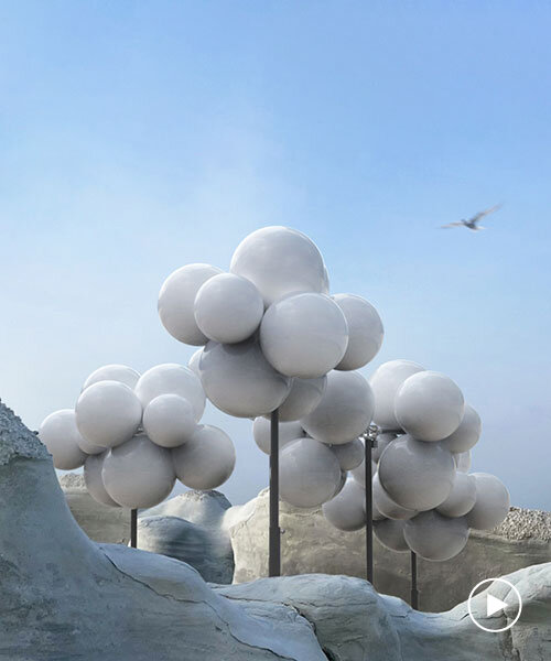 all-white molecular cloud by vincent leroy floats above the lunar landscape of milos