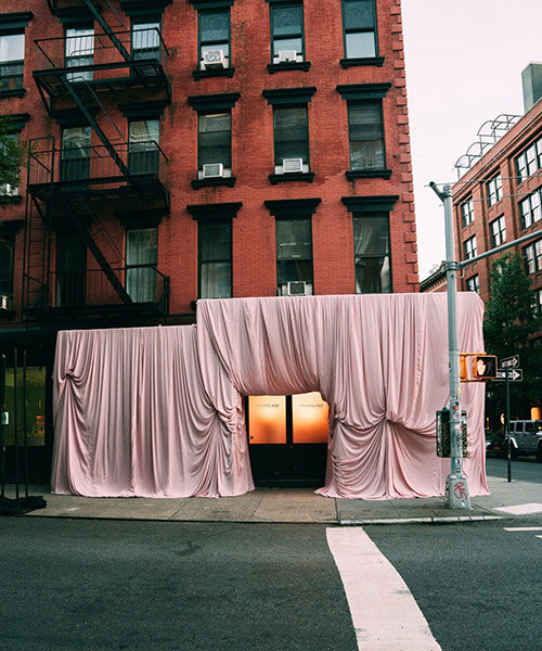 andrés reisinger shrouds hourglass cosmetics' NYC popup in a rosy blush veil