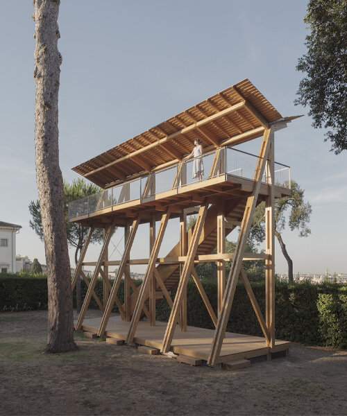 manuel bouzas' timber observatory culminates in V-shaped canopy at villa medici