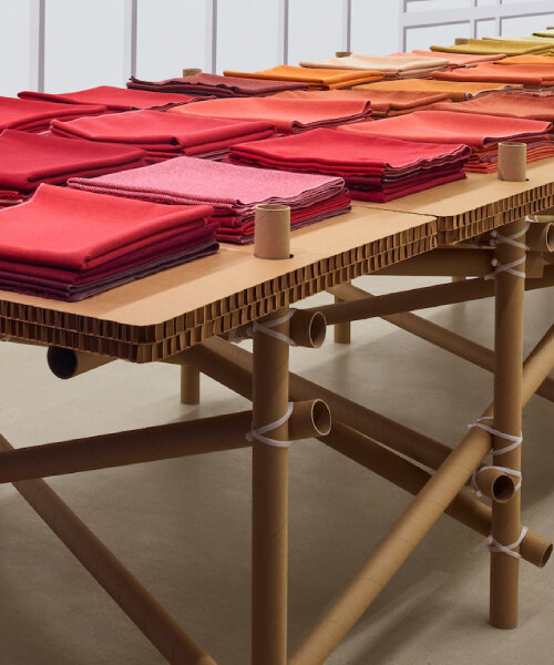 cardboard, paper tubes, and zip ties shape designtex and standard issue design's table