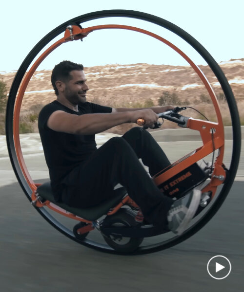 life-size custom electric monowheel made of motorcycle tires can balance itself as it glides