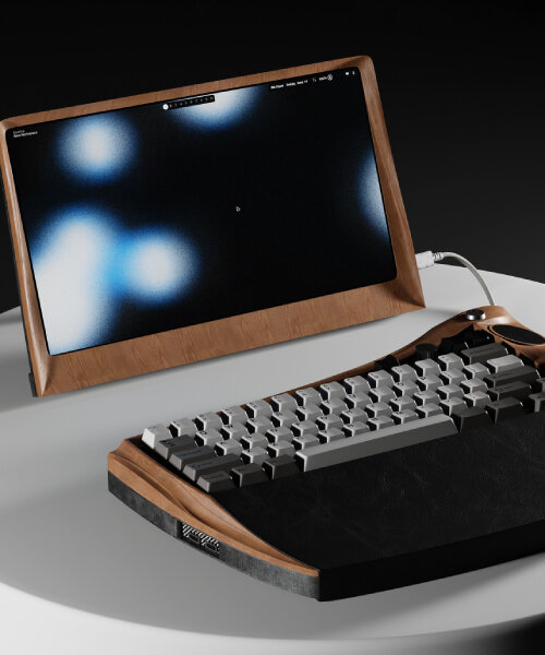 walnut, cherry or maple wood houses the screen and keyboard of mythic’s ‘apollo’ computers