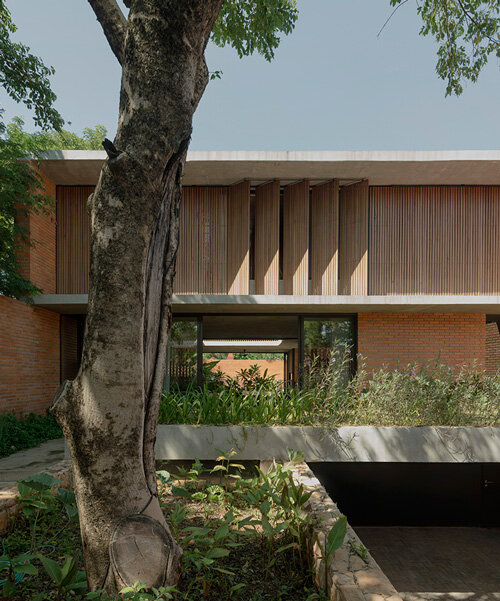 perforated wooden blinds and brick walls filter light within nofe house in paraguay
