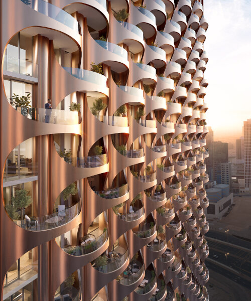 curvilinear facade echoing sweeping sand dunes wraps HKS' one residence tower in dubai