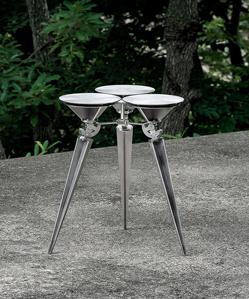 terrain-adaptive cone stool by sukchulmok studio reinterprets common landscape pegs