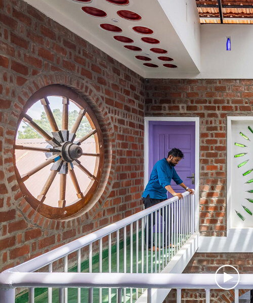 terracotta roof tops onebulb architecture's red fort brick house in tamil nadu, india