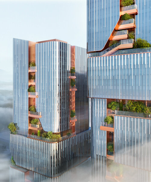 a green 'urban spine' meanders through ole scheeren's JD headquarters in shenzhen