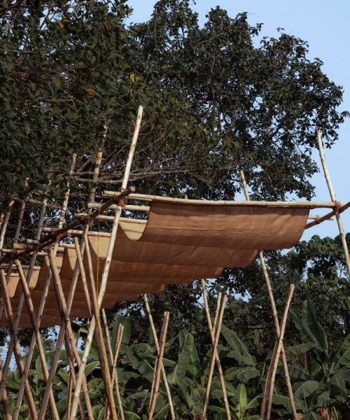 tensile fabric weaves through studio terratects' wooden trestle pavilion in india