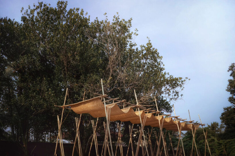 Un estudio indio terretecs teje tela elástica en caballetes de madera