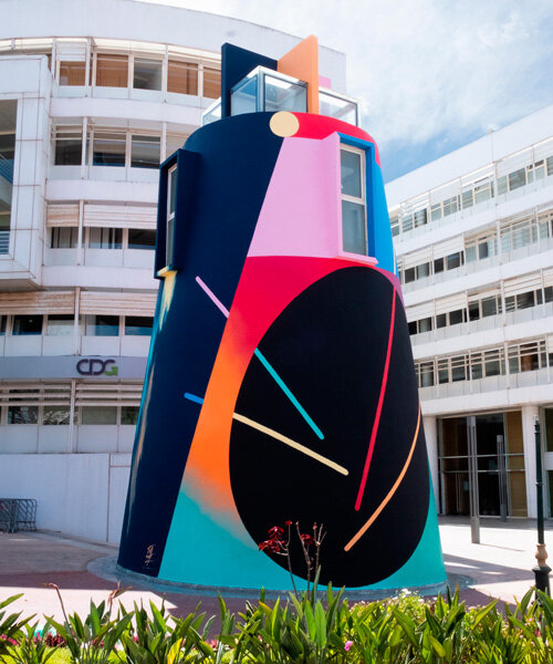 txemy basualto's mural draws vibrant colors and abstract forms upon tower in morocco