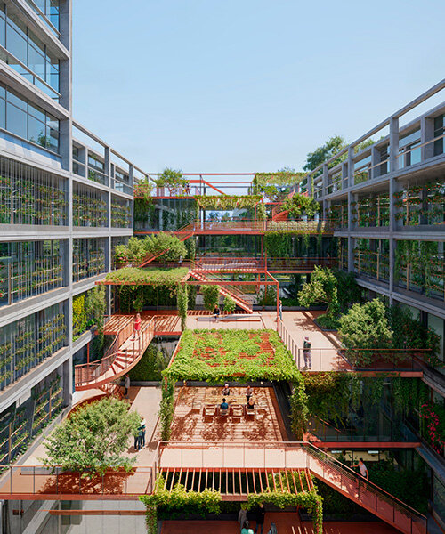 HENN's vertical farmhouse encloses grid terraced roof garden between two blocks in berlin