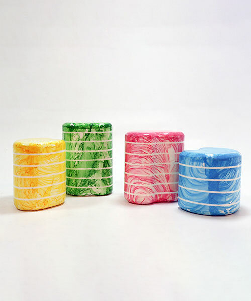 water transfer printing brings melting colors to life in jiwon jung's mosaic styrofoam chairs