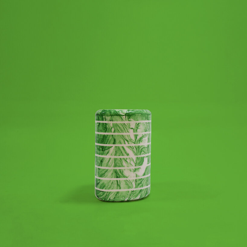 water transfer printing brings melting colors to life in jiwon jung's mosaic styrofoam chairs