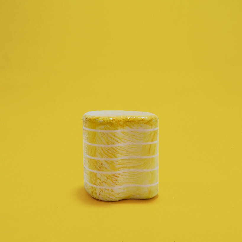 water transfer printing brings melting colors to life in jiwon jung's mosaic styrofoam chairs