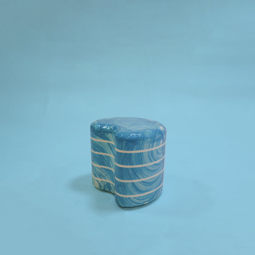 water transfer printing brings melting colors to life in jiwon jung's mosaic styrofoam chairs