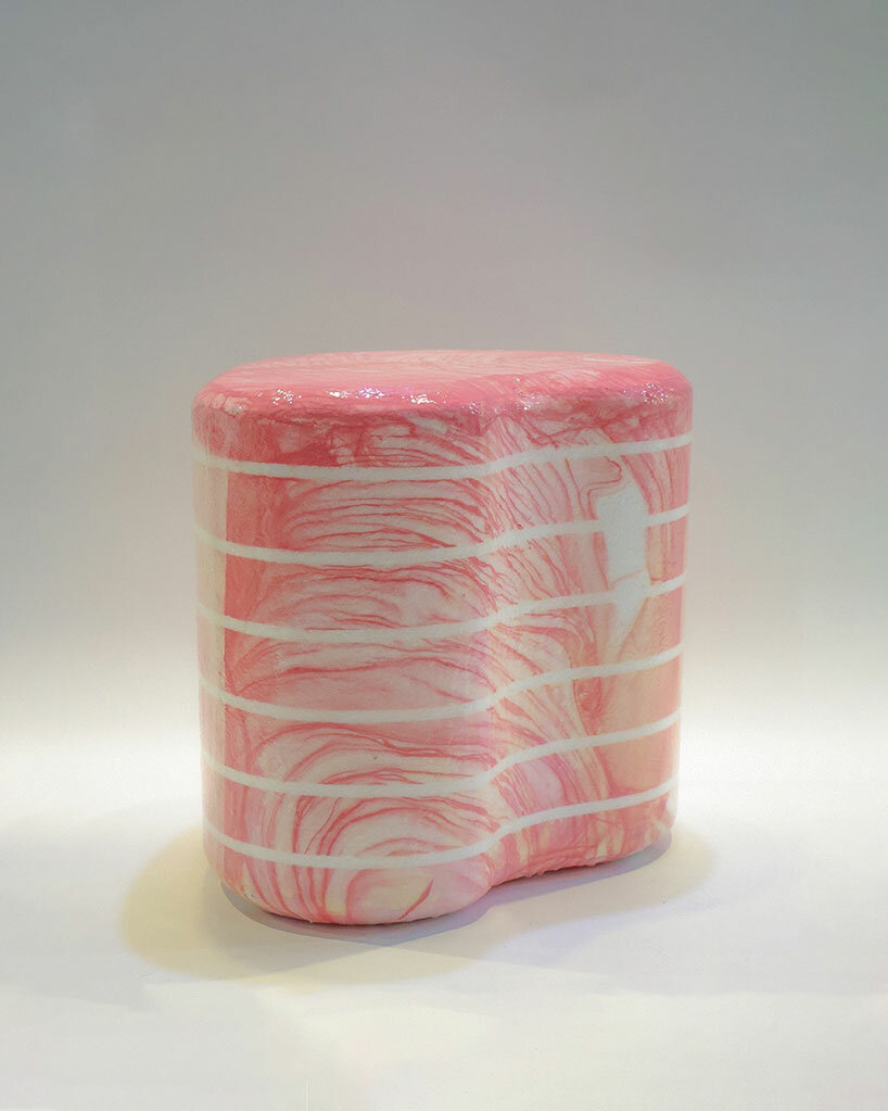 water transfer printing brings melting colors to life in jiwon jung's mosaic styrofoam chairs