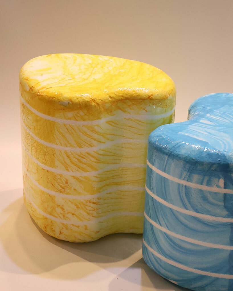 water transfer printing brings melting colors to life in jiwon jung's mosaic styrofoam chairs