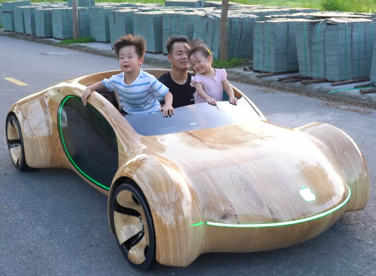 real-life apple concept car drives around as handmade wooden vehicle ...
