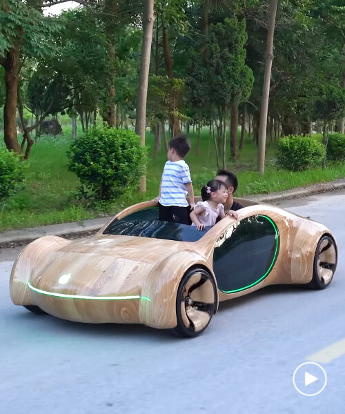 real-life apple concept car drives around as handmade wooden vehicle built from scratch