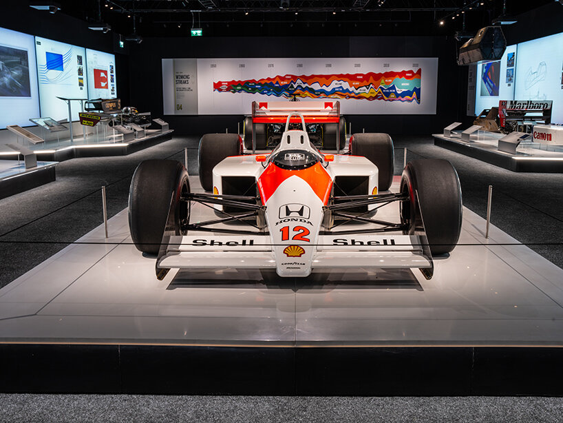 torched formula 1 car and other motorsport artifacts show at F1 exhibition in london
