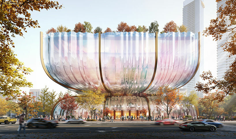 heatherwick studio unveils rippled hourglass design for seoul's hanwha galleria