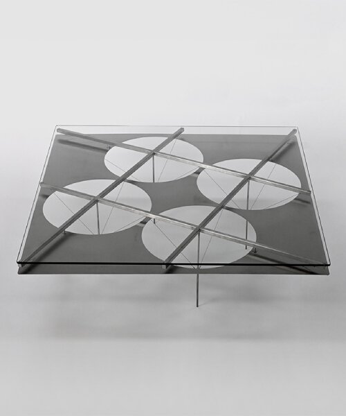 slender stainless steel frame with wires supports jeonghyeon jin’s XX-02-1 coffee table