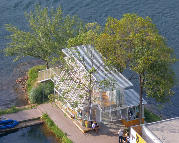 tree canopies shade lakeside commercial hub by YIIIE architects in chengdu