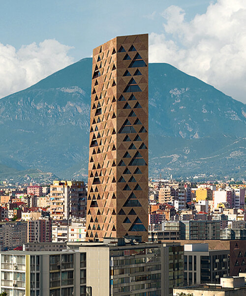 oppenheim architecture reimagines embroidery motifs as textured concrete tower in tirana