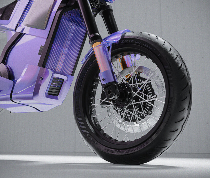 translucent purple plastic wraps around the electric motorcycle