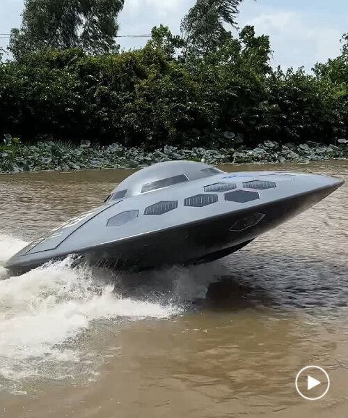 functional UFO jet boat zooms through water as a motorized flying saucer for lakes or rivers