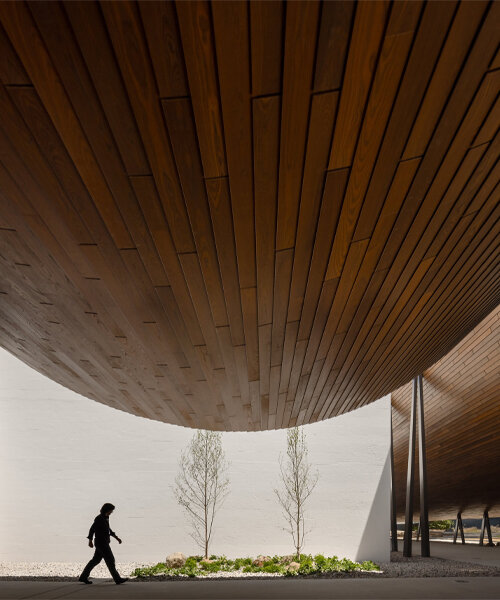 kengo kuma & buro happold simulate floating timber roof over lisbon's CAM gulbenkian