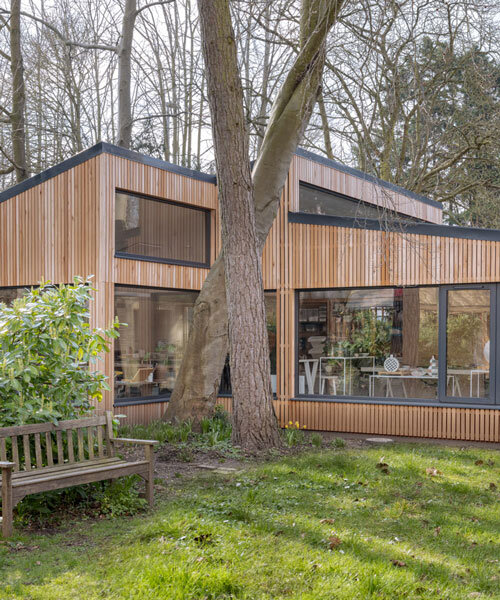 ceramic artist's wood-clad studio extends 80s-built house in the UK