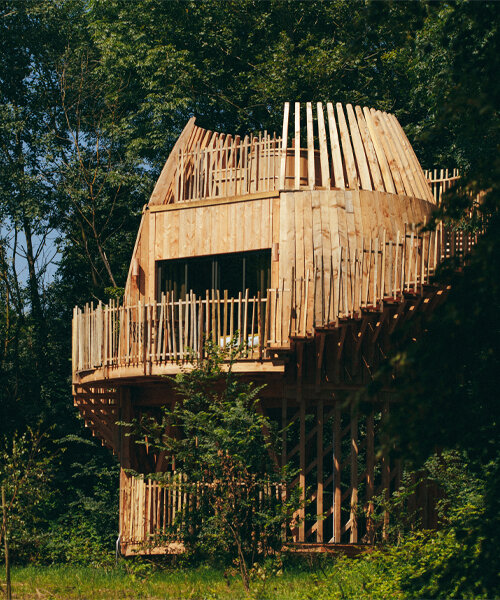 AW2's four wooden cabins emerge amid treetops like blossoming buds in france