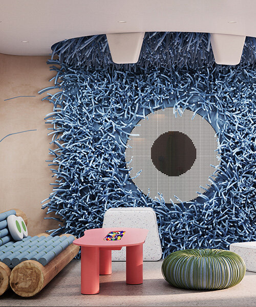 fluffy blue monster looks over dental clinic by ZIKZAK architects in stuttgart