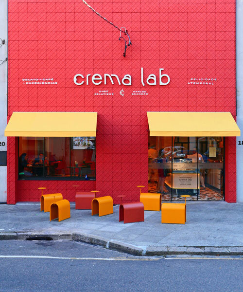 furf's mycelium facade for crema lab café in brazil resembles ice cream cone