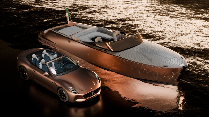 Maserati's GranCabrio Folgore next to his electric motorboat TRIDENTE