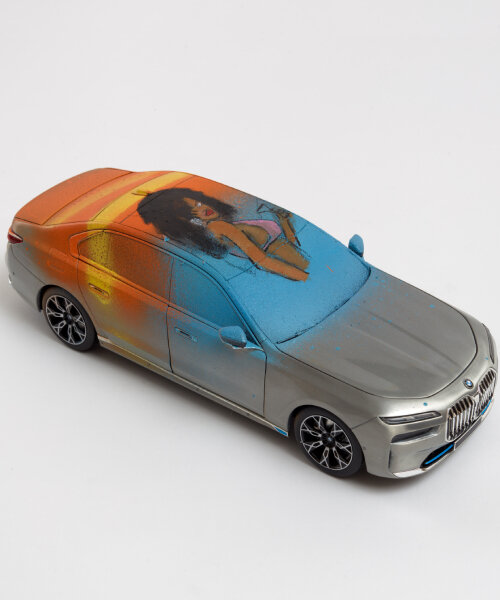 miniature BMW i7 drifts in frieze seoul as art cars inspired by video games, bats and insects