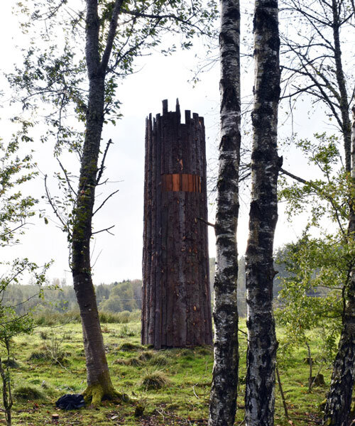 repurposed timber offcuts build up lookout tower by UMA and esperöd art team