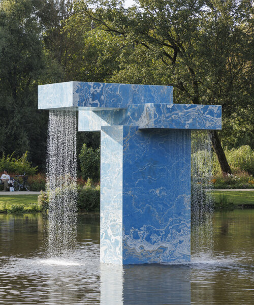 sabine marcelis upcycles stone slabs into towering fountain at amsterdam's vondelpark