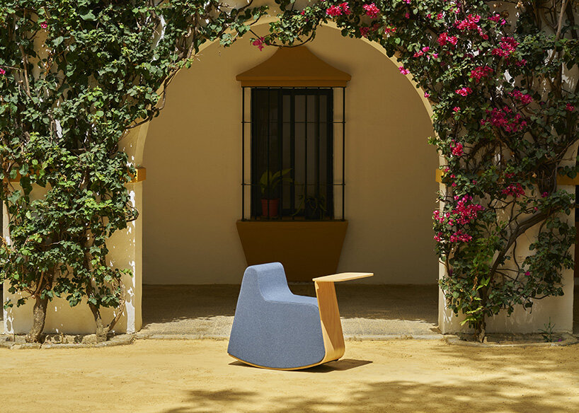rocking pouffe-table hybrid by dsignio redefines workspaces with a nostalgic twist