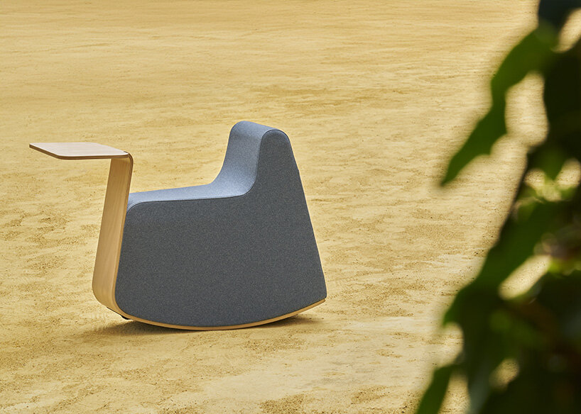rocking pouffe-table hybrid by dsignio redefines workspaces with a nostalgic twist